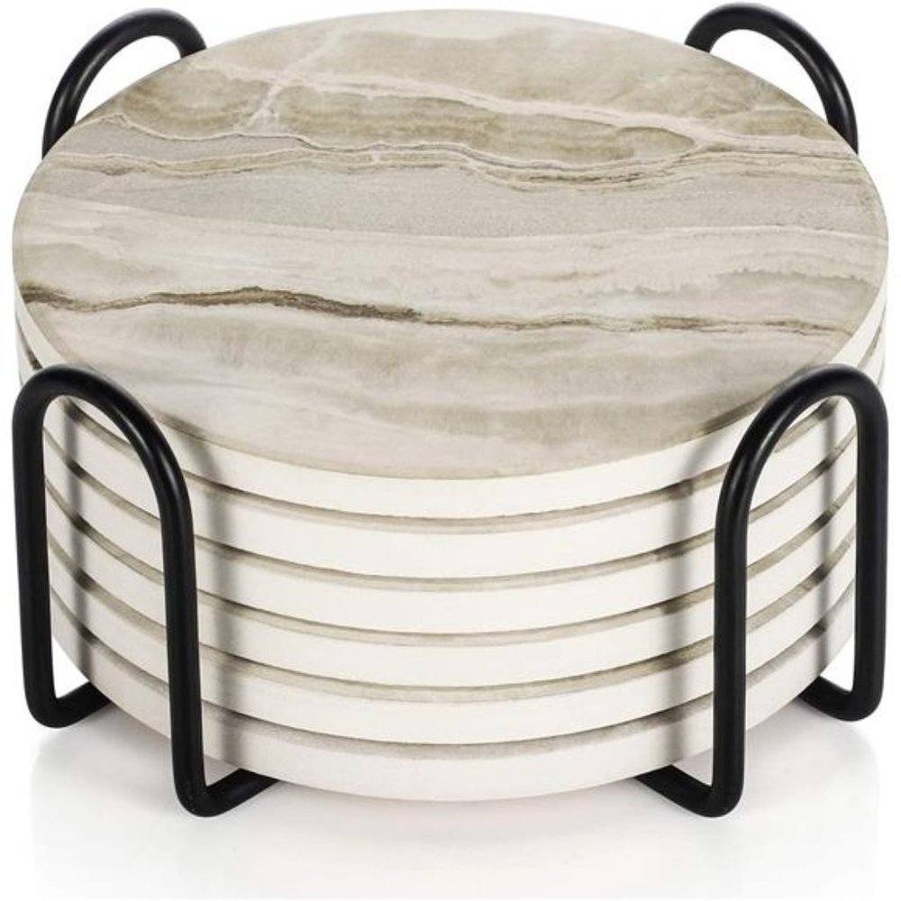 Set of 6 Drink Coasters with Holder Absorbent Coaster Marble Style Ceramic